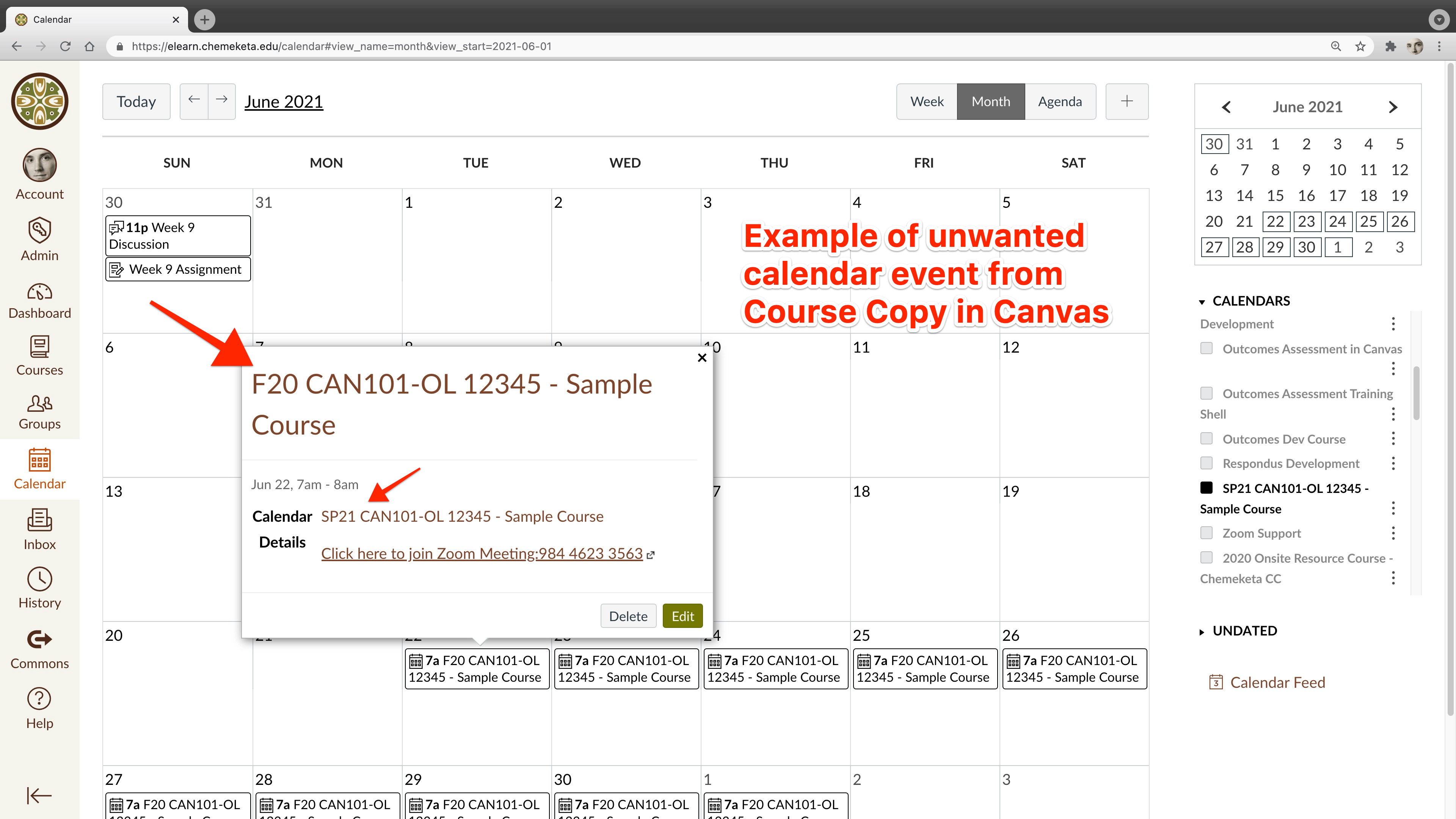 Screenshot showing issue with Zoom Meeting calendar events that copy from other course during course copy process in Canvas.