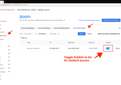 Screenshot showing the toggle button to Publish a Zoom Cloud Recording in Canvas